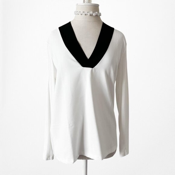 Mango White Black Colorblock Long Sleeve VNeck Blouse Knit Top Size XS/S - Picture 5 of 8